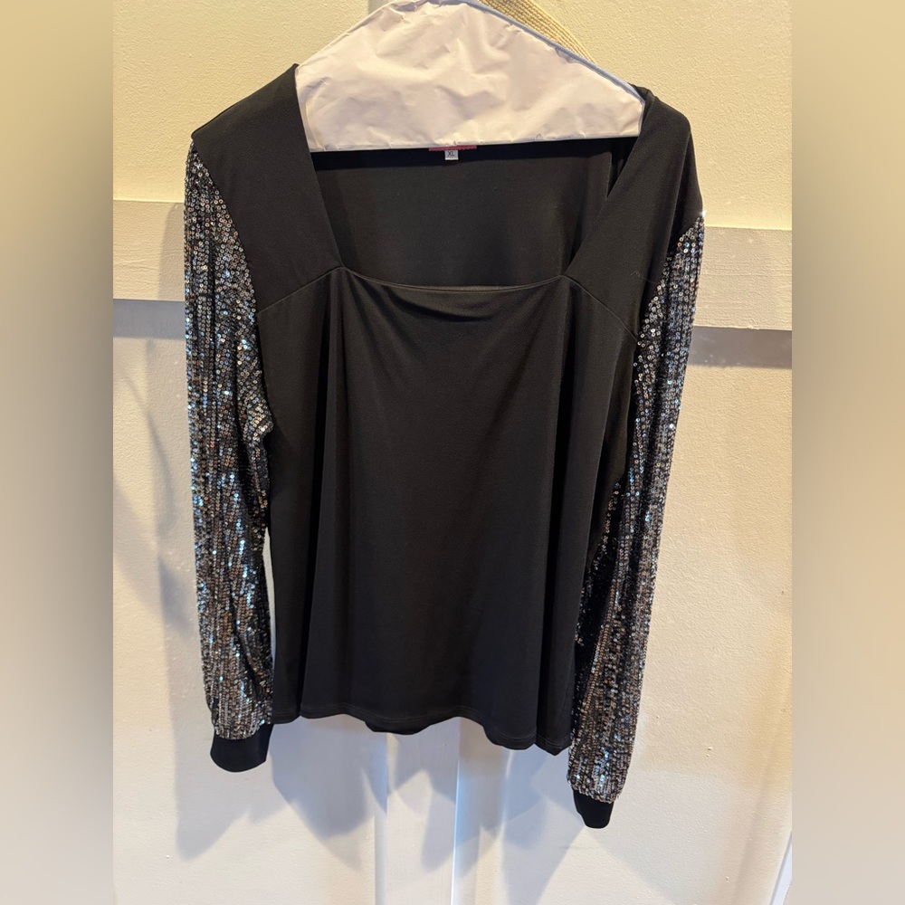 Maurices Black Top with Silver Sequin Sleeves